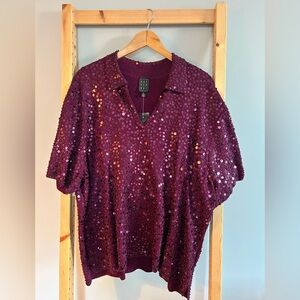 DUE PER DUE Purple Sequined Polo Blouse NWT Deep Magenta Size 3X